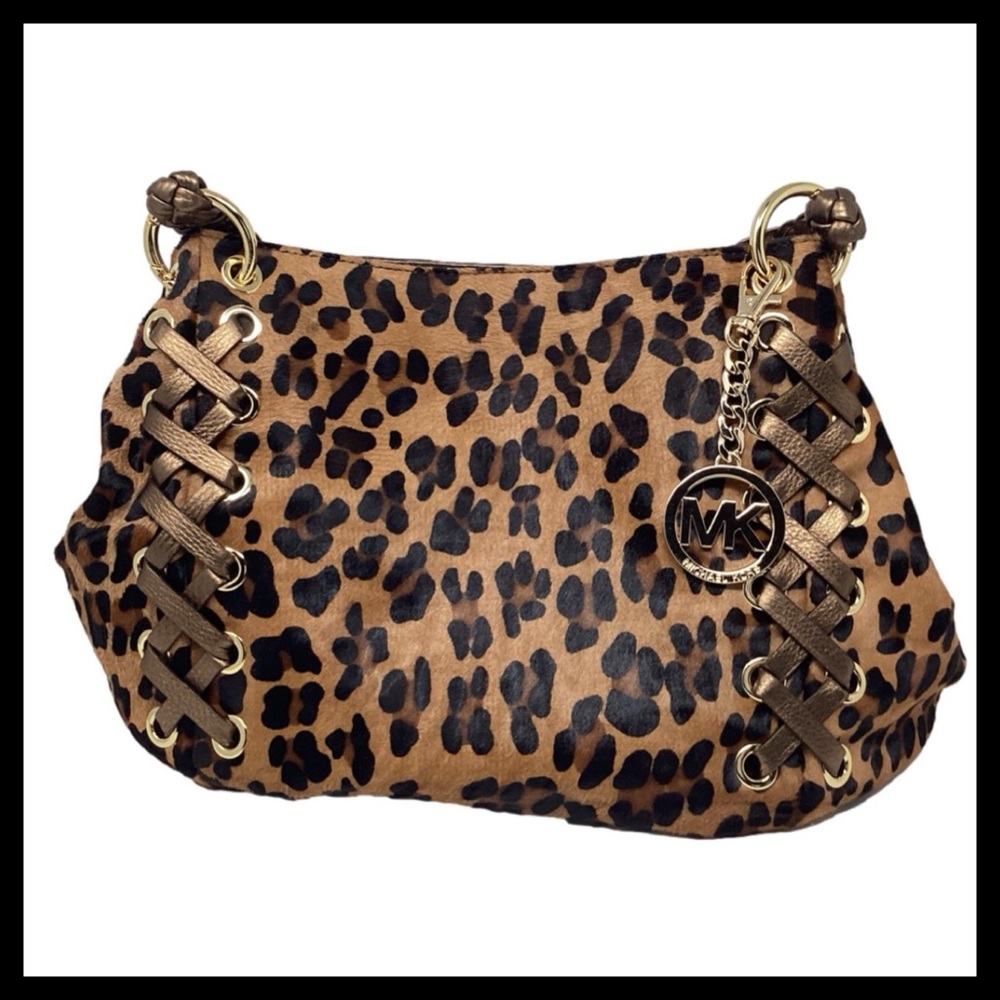 🔥 Michael Kors Rare Calf Hair Leopard Double-Leather Strap Hobo — Luxe & Mint! - Picture 5 of 13